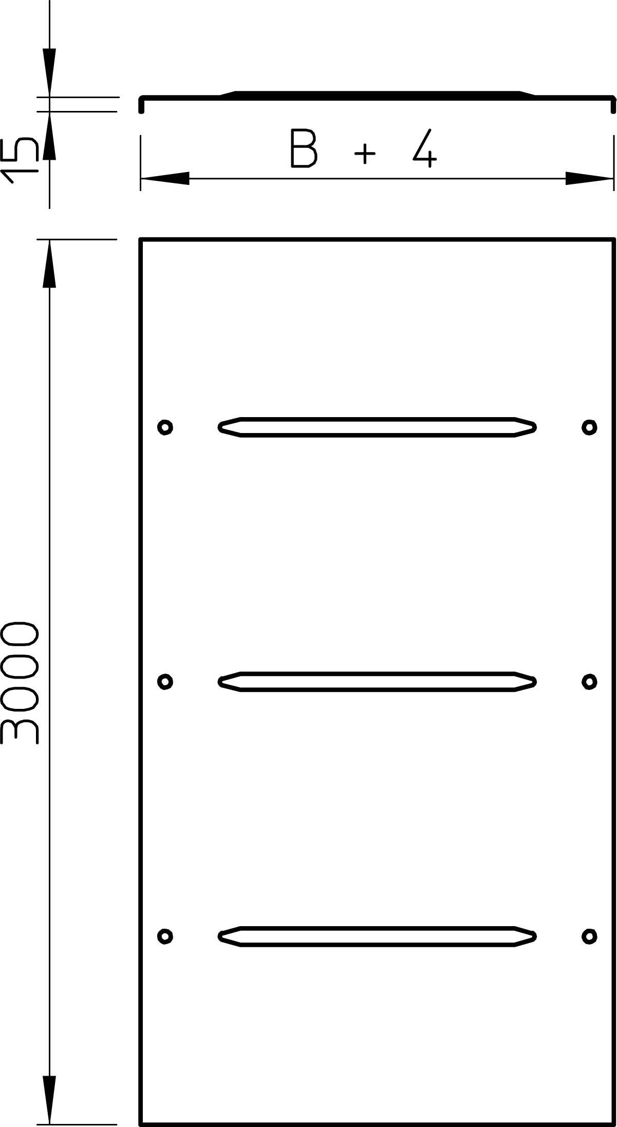 Rysunek techniczny prostokątnego panelu o szerokości 'B + 4' i wysokości '3000', z trzema poziomymi nacięciami.