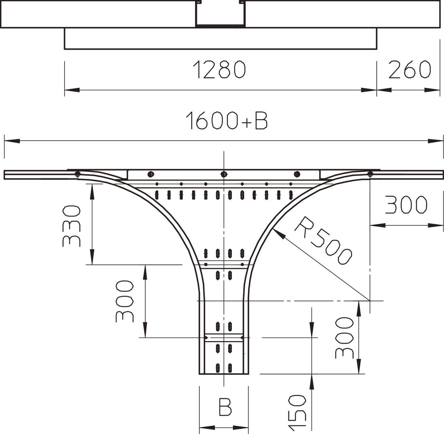 Rysunek techniczny elementu mostowego w kształcie litery T z wymiarami w milimetrach. Zawiera szczegóły dotyczące odległości, promieni i szerokości.