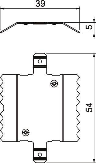 Rysunek techniczny elementu z wymiarami: 39 mm szerokości, 54 mm wysokości, 5 mm grubości. Górna część elementu posiada zagięte krawędzie.