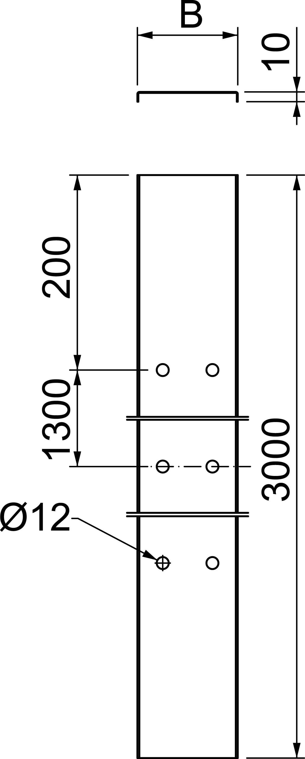 Rysunek techniczny prostokątnej belki o wymiarach 1300 mm i 200 mm. Oznaczenia wskazują otwory o średnicy Ø12 mm.