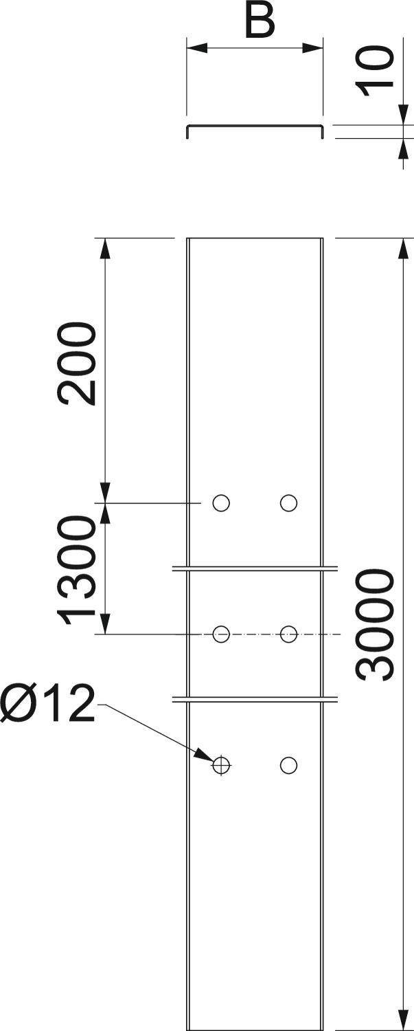 Rysunek techniczny słupa o wysokości 3000 mm, wymiary szerokości 'B', średnica otworu 12 mm, zaznaczona pozycja otworów.