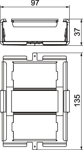Rysunek techniczny elektrycznego przełącznika o wymiarach 97x37x135 mm. Przedstawiono widok z boku oraz widok z góry.