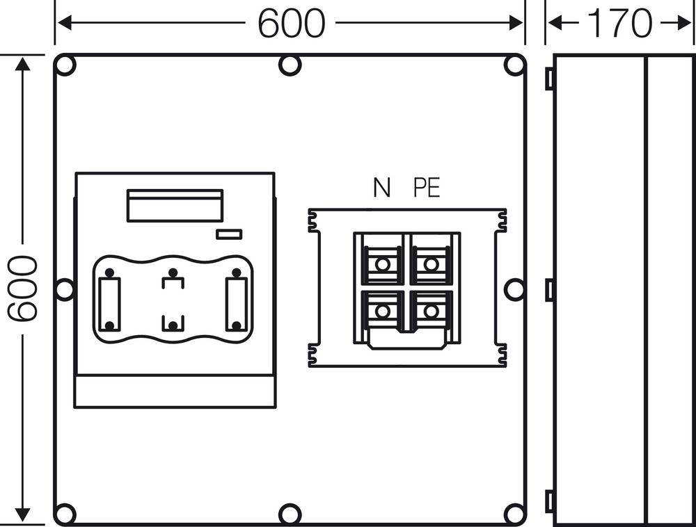 Rysunek techniczny elektrycznej skrzynki rozdzielczej z przyłączami 'N' i 'PE', o wymiarach 600 mm x 600 mm x 170 mm.