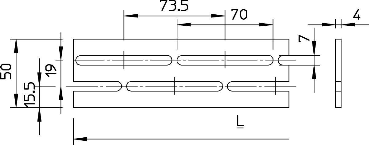 Rysunek techniczny prostokątnego elementu z trzema podłużnymi otworami o wymiarach: 73,5 x 50 mm, odległość między otworami 70 mm.