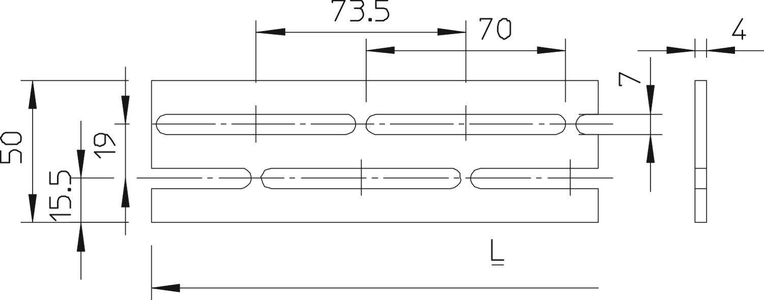 Rysunek techniczny prostokątnej części z wieloma wymiarami: wysokość 50 mm, długość 73,5 mm, szczeliny o rozstawie 15,5 mm i szerokości 7 mm.