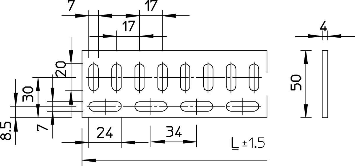Rysunek techniczny złącza z wymiarami: długość 50 mm, szerokość 34 mm, wysokość 8,5 mm.