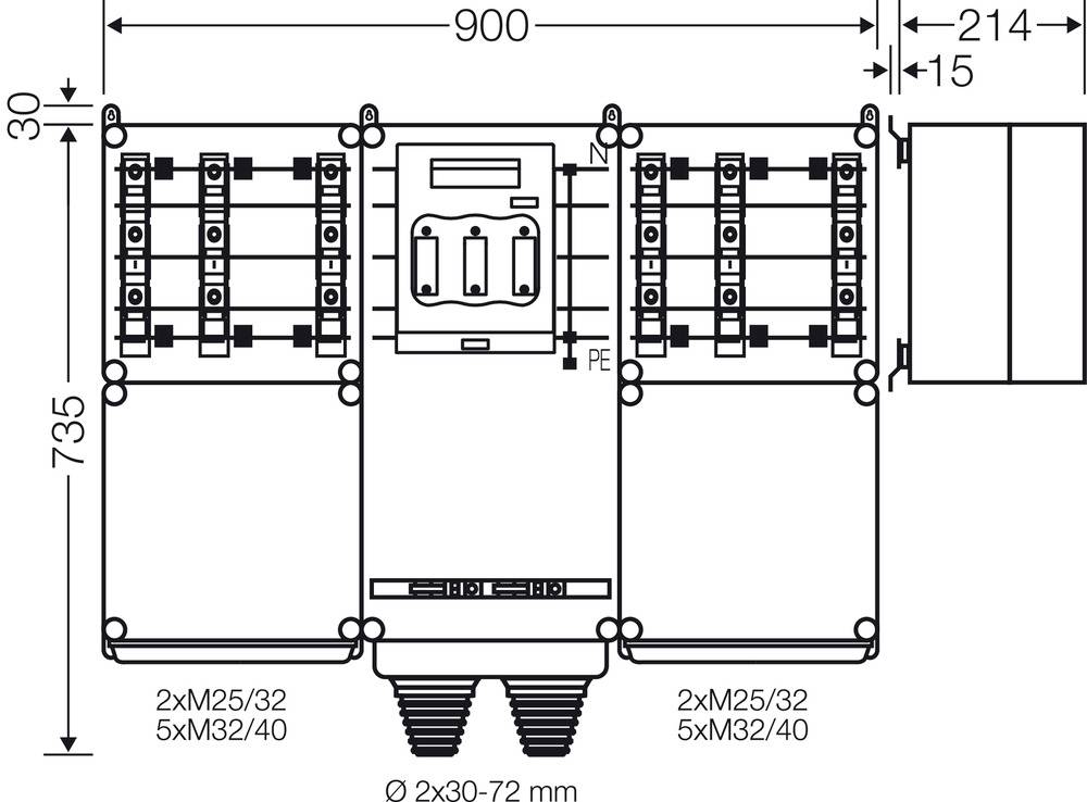 Rysunek techniczny rozdzielni elektrycznej z wymiarami: szerokość 900 mm, wysokość 735 mm. Szczegóły przepustów kablowych i podłączeń.