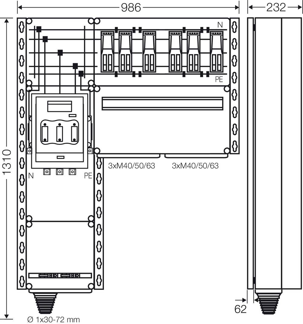 Rysunek schematu elektrycznego z wymiarami. Przedstawia urządzenia łączeniowe i okablowanie w rozdzielnicy elektrycznej. Wymiary: 986x232 mm.