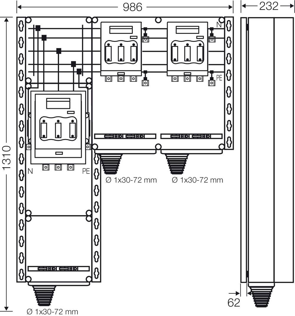 Rysunek techniczny szafy sterowniczej o wymiarach 986x1310 mm. Przedstawione pola przyłączeniowe oraz komponenty zabezpieczające.