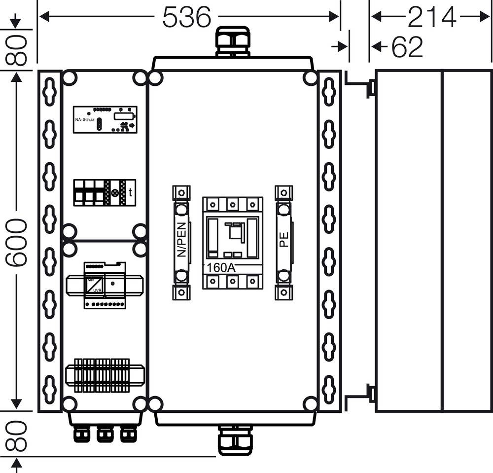 Rysunek techniczny szafy sterowniczej z wymiarami: 536 mm szerokości, 600 mm wysokości. Oznaczenia dla N/PE, 160A. Przedstawia komponenty wewnętrzne.
