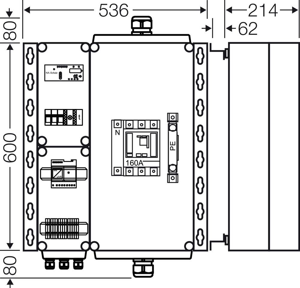 Rysunek techniczny szafy elektrycznej z wymiarami: 536 mm szerokości, 680 mm wysokości. Przedstawia komponenty wewnętrzne oraz ich rozmieszczenie.