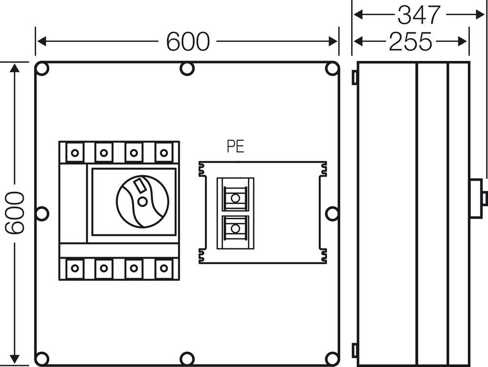 Rysunek techniczny szafy elektrycznej z wymiarami: 600x600 mm widok z przodu, głębokość 347 mm. Zawiera symbole łączeniowe.