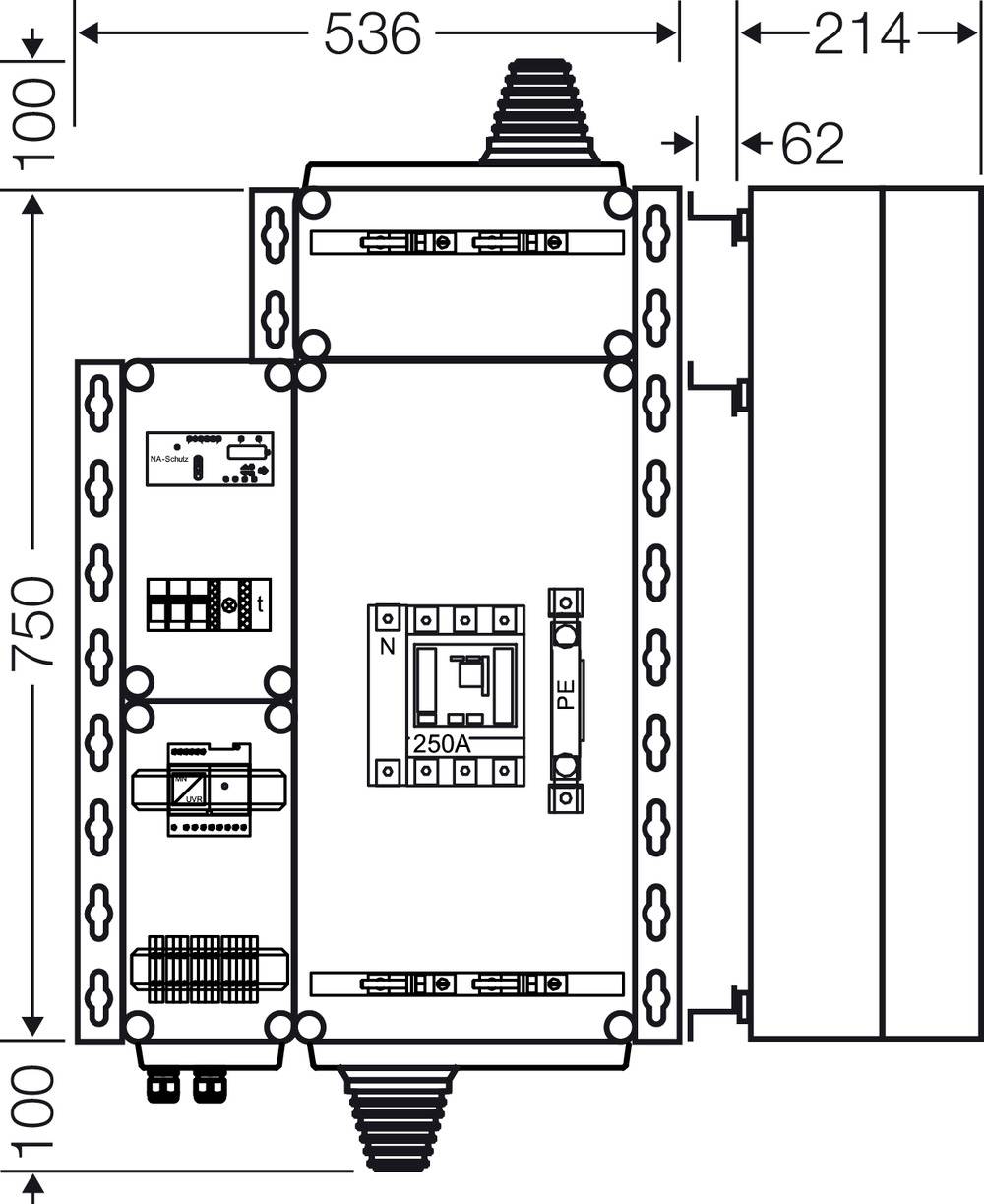 Rysunek techniczny elektrycznej szafy sterowniczej. Wymiary wynoszą 536x750 mm, przedstawia komponenty obwodów elektrycznych oraz podłączenia przewodów.