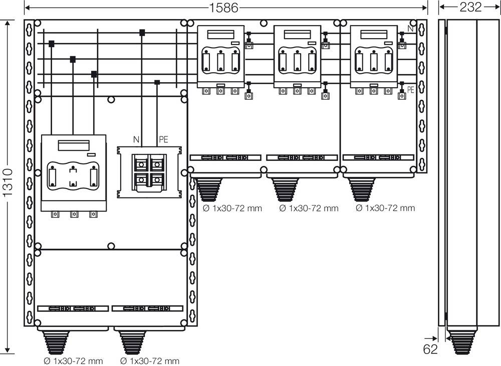 Rysunek techniczny elektrycznego schematu elektrycznego o wymiarach 1586 x 1310 mm. Przedstawia szczegóły okablowania i komponenty.