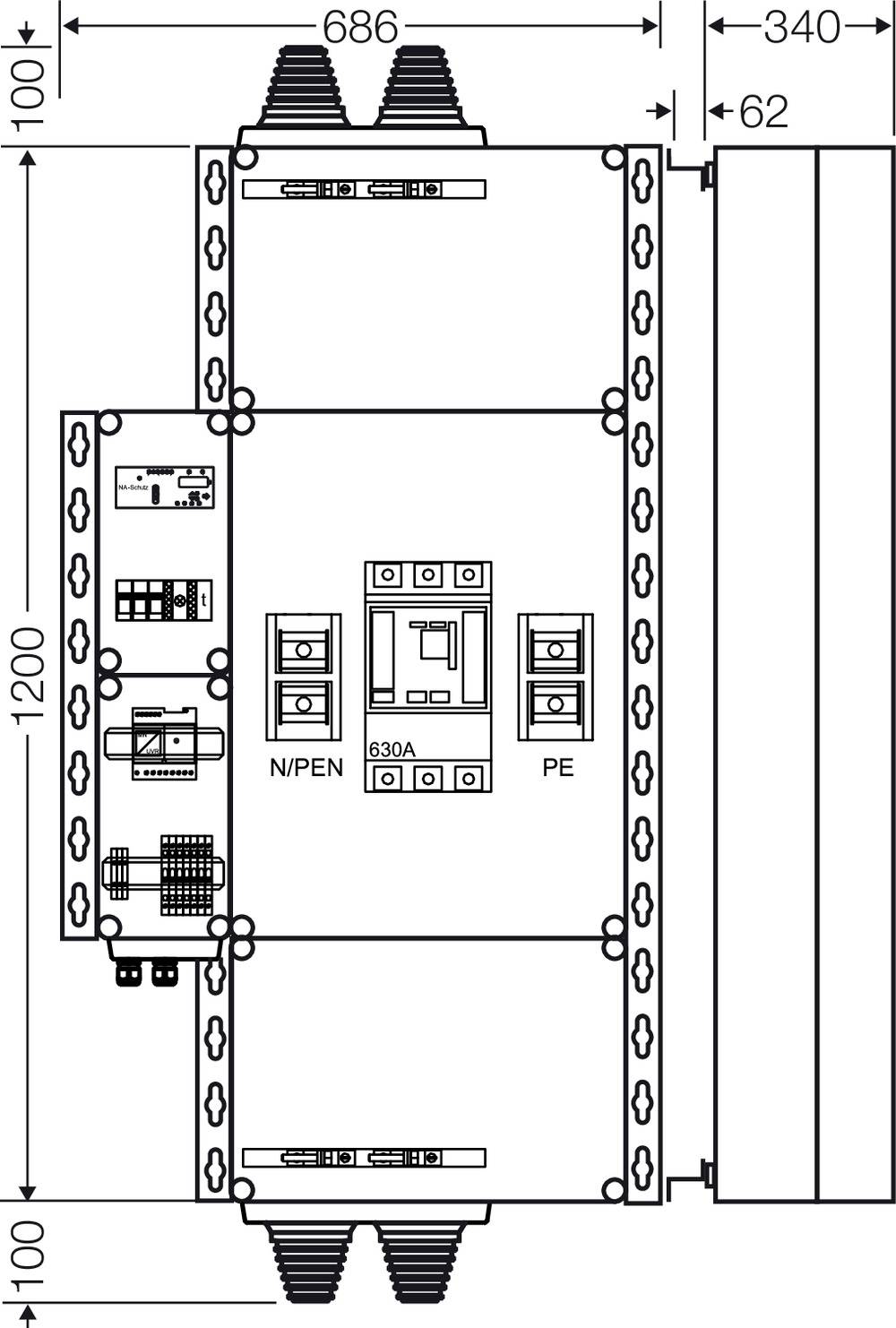 Schemat elektrycznego rozdzielacza: przedstawia bezpieczniki, wyłączniki ochronne i okablowanie. Opisany jako 630A, N/PEN i PE. Wymiary: 1200x686 mm.