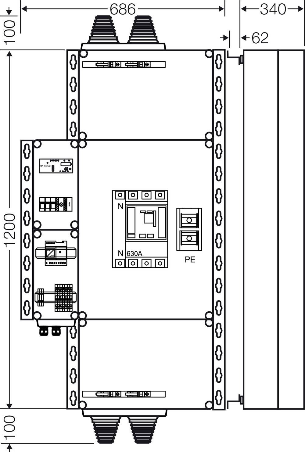 Rysunek techniczny elektrycznej skrzynki rozdzielczej z wymiarami. Centralnie usytuowany jest główny wyłącznik (630A) oznaczony symbolami PE i N.