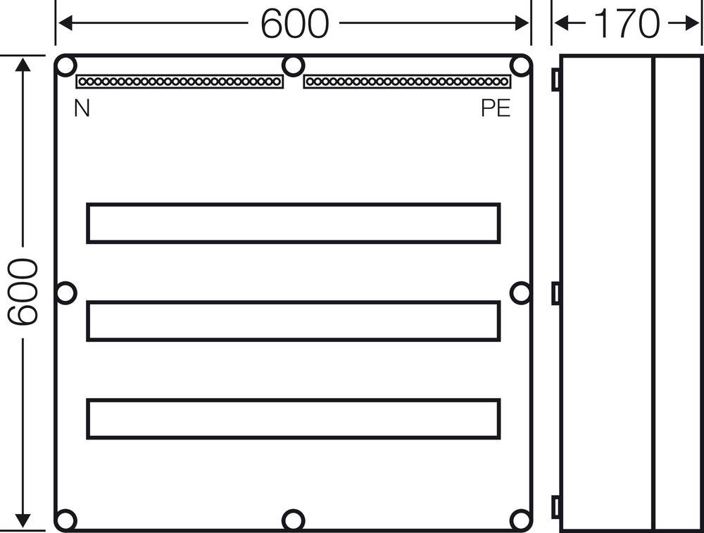 Schemat elektrycznej tablicy rozdzielczej o wymiarach 600 x 600 mm i szerokości 170 mm. Na górze zaznaczone są złącza 'N' i 'PE'.