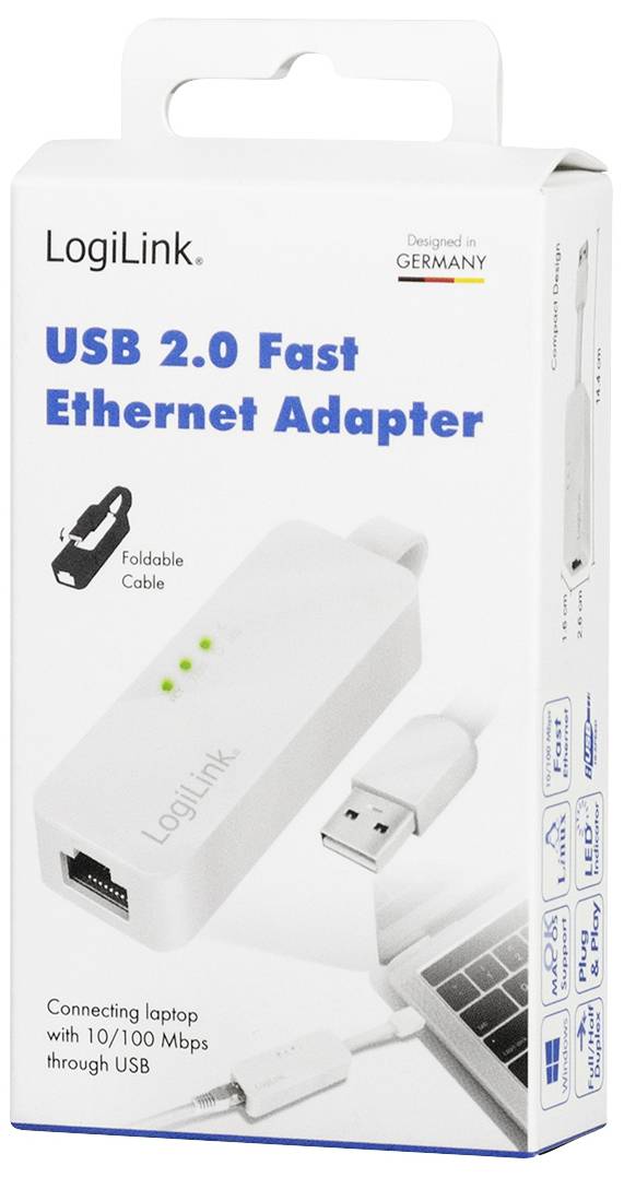 Adapter USB 2.0 Ethernet firmy LogiLink w opakowaniu. Adapter z składanym kablem do podłączenia laptopa dla sieci 10/100 Mbps.
