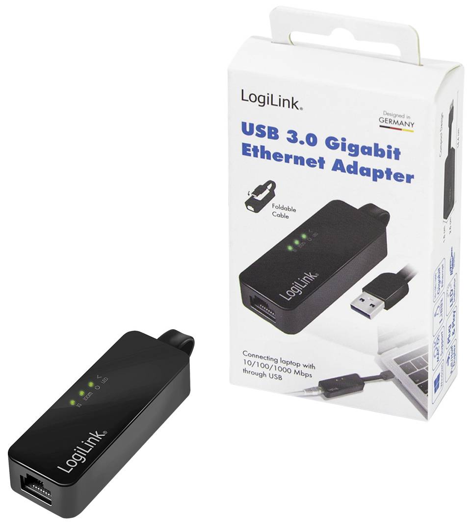 Adapter USB 3.0 Gigabit Ethernet firmy LogiLink. Czarne urządzenie z złączem USB i portem Ethernet, w tle pudełko prezentujące informacje o produkcie.