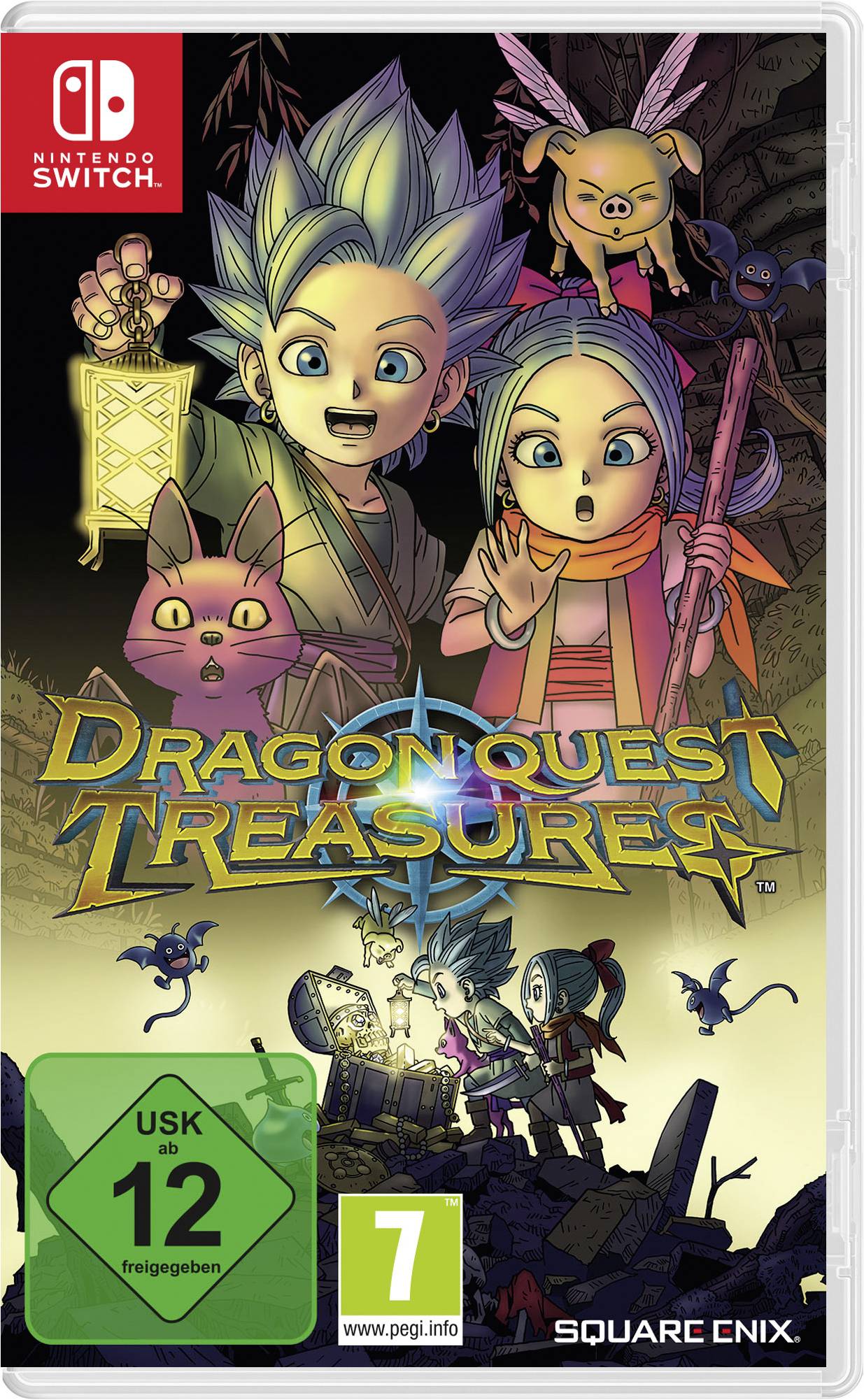 Dwóch bohaterów z gry wideo, chłopiec i dziewczynka, stoją razem z kreatywnymi stworzeniami i świecącym artefaktem. Tytuł gry 'Dragon Quest Treasures'. Dozwolone od lat 12.