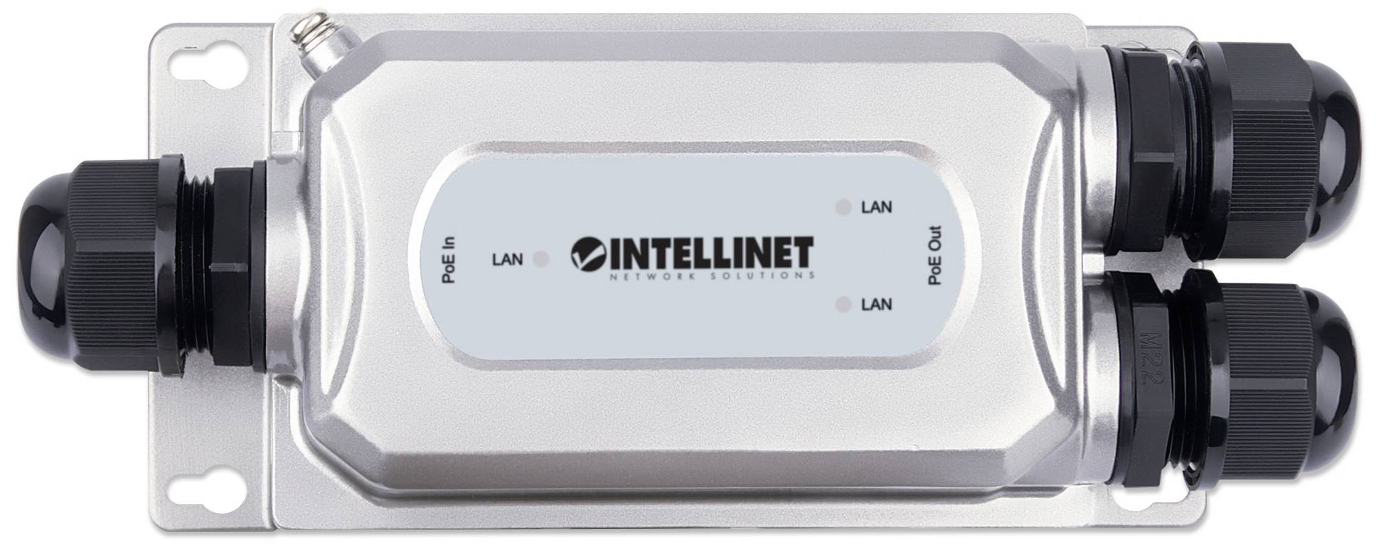 Urządzenie sieciowe z logo Intellinet, złącza LAN i PoE. Solidna, prostokątna konstrukcja, odpowiednia do zastosowań na zewnątrz.