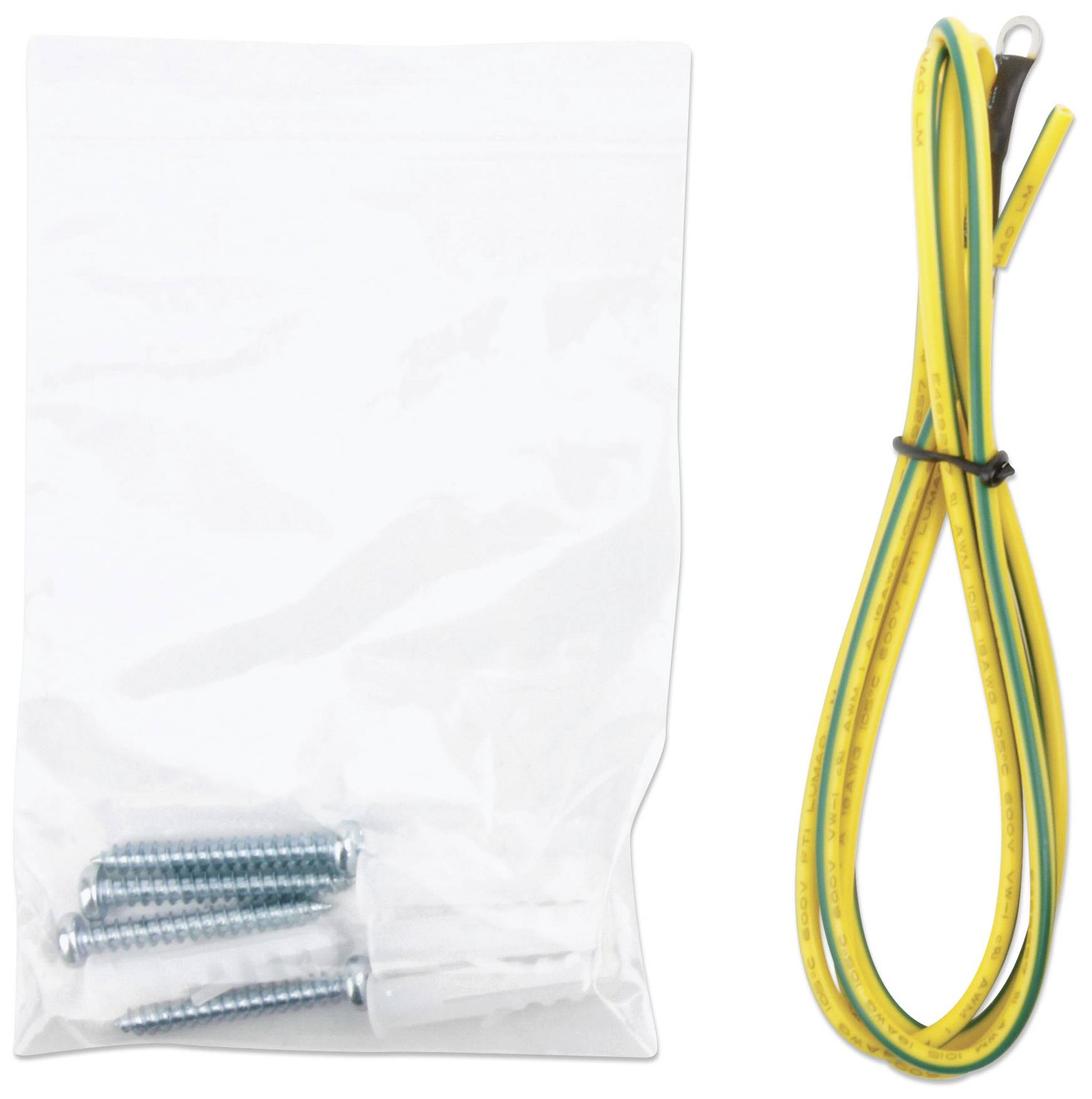 Plastikowa torba z trzema metalowymi śrubami i kołkami obok żółto-zielonego pęku przewodów.