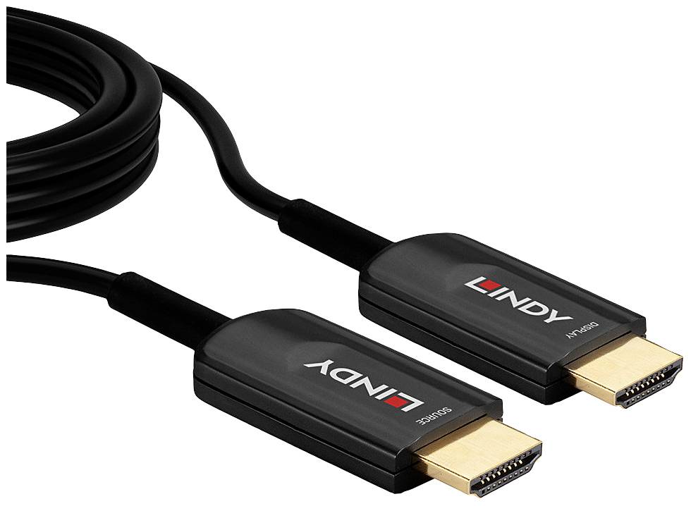 Dwa czarne kable HDMI ze złotymi wtykami marki 'LINDY'. Odpowiednie do przesyłania wideo i dźwięku w wysokiej rozdzielczości.
