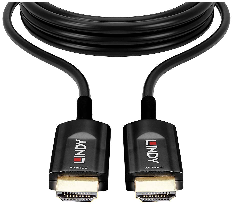 Dwa czarne kable HDMI ze złotymi końcówkami. Na wtyczkach widoczna jest marka 'LINDY'.
