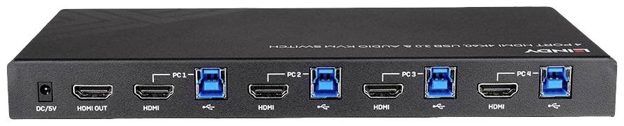 Przełącznik KVM HDMI USB z czterema złączami HDMI i USB, oznaczony jako 'PC 1' do 'PC 4', na czarnym urządzeniu.