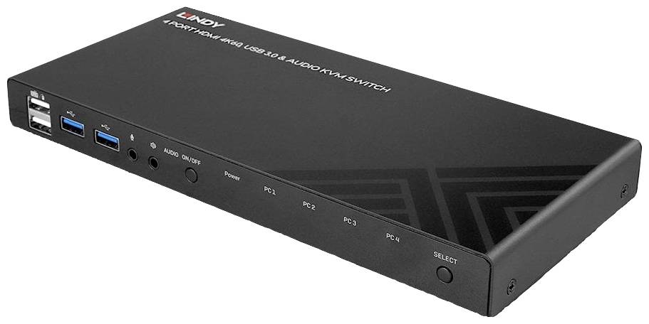 Czarny przełącznik KVM z wieloma portami USB i elementami sterującymi, oznaczony jako '4-portowy przełącznik KVM HDMI 4K@60 USB 3.0 Audio'.