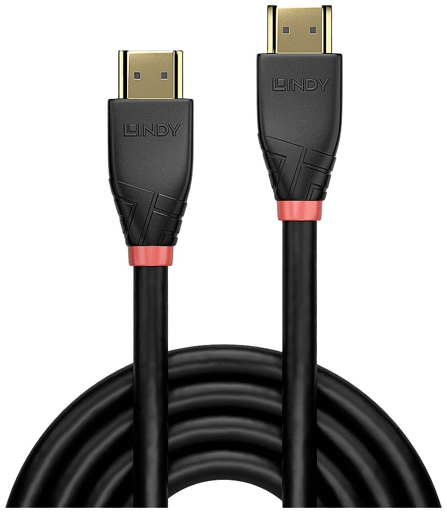 Czarny kabel HDMI z dwoma wtyczkami, ozdobiony czerwonym pierścieniem i złotymi stykami. Na wtyczkach wygrawerowana jest marka 'Lindy'.