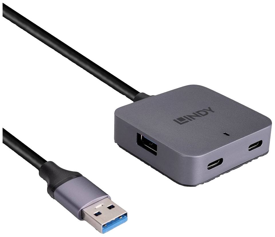 Adapter USB z wtyczką USB-A i trzema portami po drugiej stronie: dwa USB-C i jeden USB-A. Pokazany na białym tle.