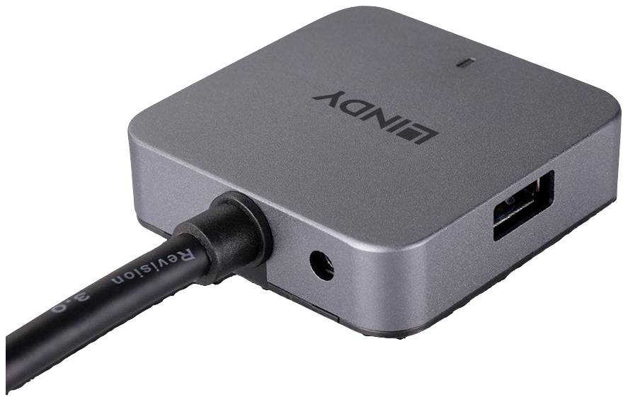 Kwadratowy hub USB z logo 'LINDY', złączem USB z boku oraz podłączonym kablem z przodu.