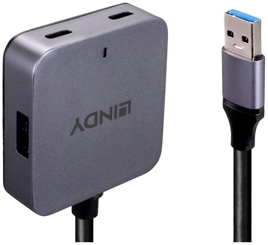 Kompaktowy hub USB z dwoma gniazdami USB-C i jednym gniazdem USB-A, podłączany za pomocą kabla USB-A. Odpowiedni do podłączania akcesoriów komputerowych.