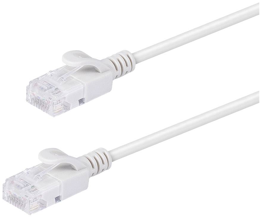 Dwa białe kable Ethernet z wtyczkami RJ45, ułożone równolegle obok siebie na białym tle.
