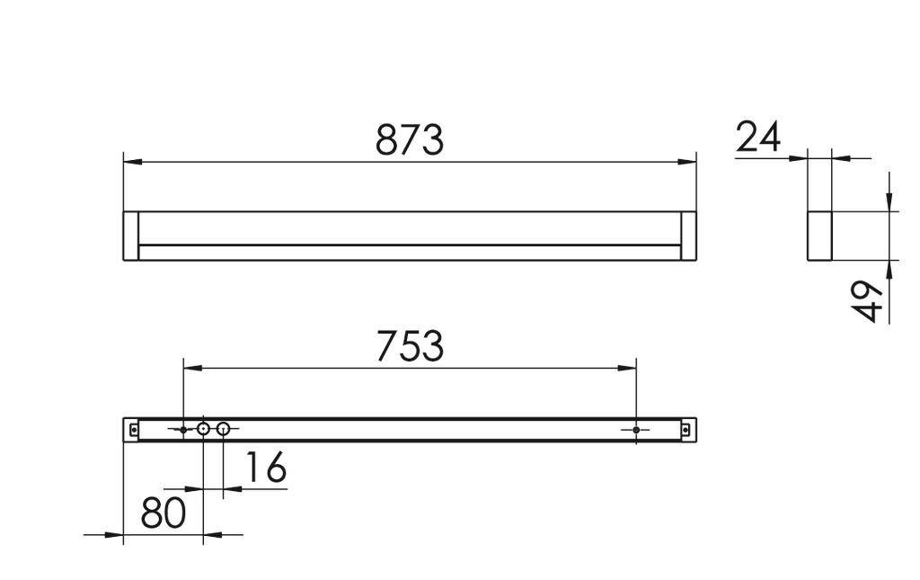 Rysunek techniczny prostokątnego obiektu o wymiarach: długość 873 mm, szerokość 24 mm, wysokość 49 mm. Widok z boku 753 mm, szczegół 80 mm.