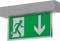 Zielony znak ewakuacyjny z piktogramem biegnącej postaci i białą strzałką skierowaną w dół.