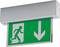 Zielony znak awaryjnego wyjścia z biegnącą postacią i strzałką skierowaną w dół.