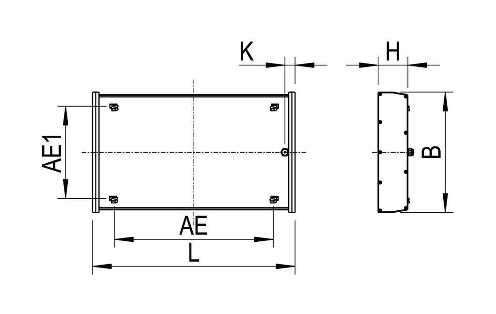 Rysunek techniczny prostokątnego pojemnika z wymiarami: długość (L), szerokość (B), wysokość (H), AE1, AE oraz K. Widok z góry i widok z boku.