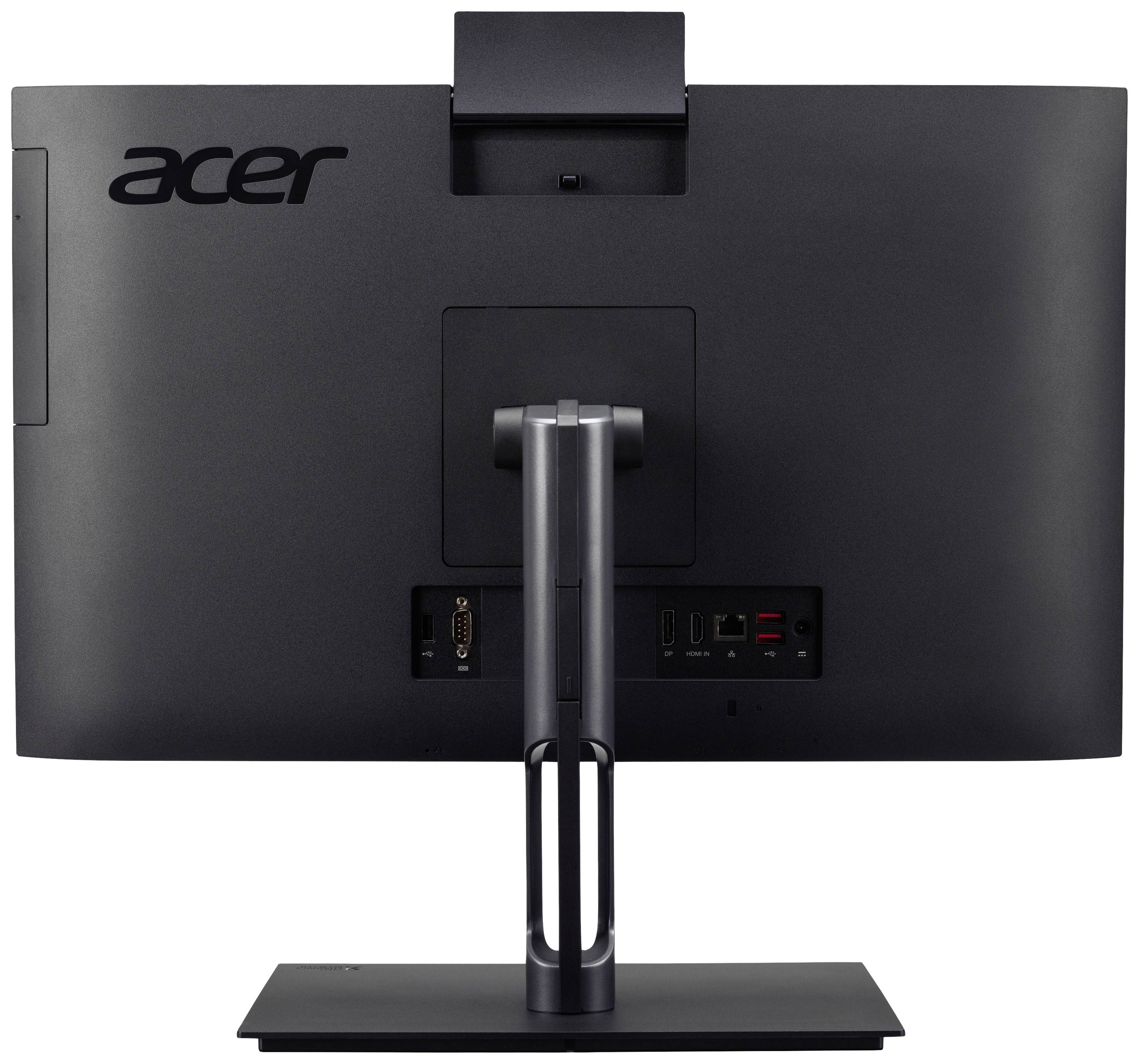 Czarny ekran komputerowy firmy Acer widziany od tyłu. Widoczne są różne możliwości podłączenia oraz stabilna podstawa.