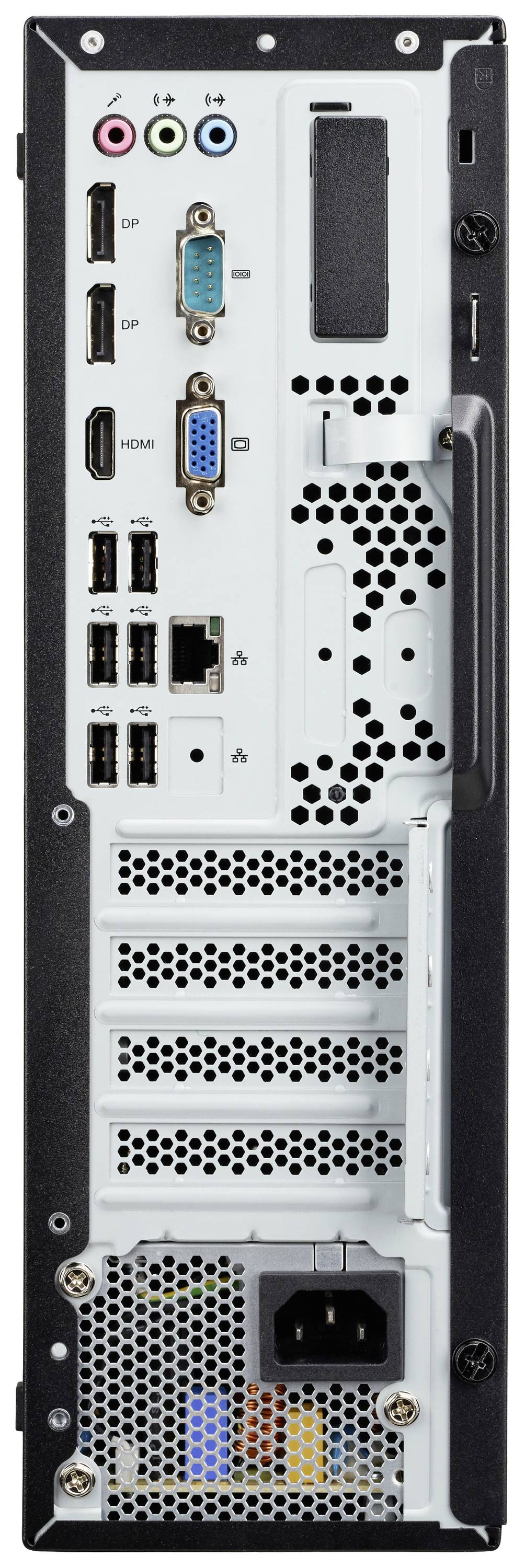 Tylna część obudowy komputera z różnymi złączami, takimi jak HDMI, VGA, USB, gniazda audio oraz zasilanie.