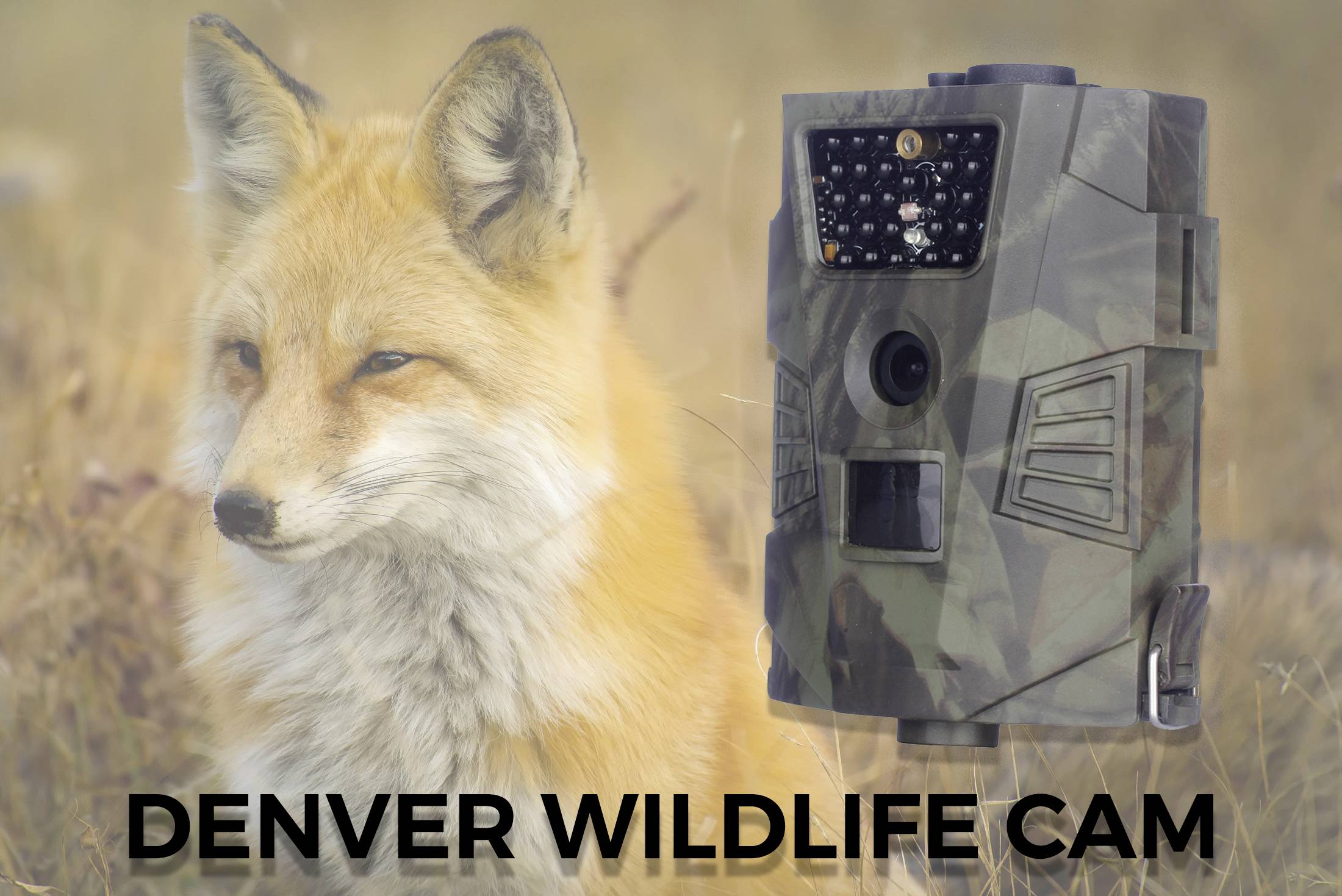 Rudy lis siedzi w trawie obok zamaskowanej kamery do obserwacji dzikiej przyrody. Tekst poniżej: 'DENVER WILDLIFE CAM'.