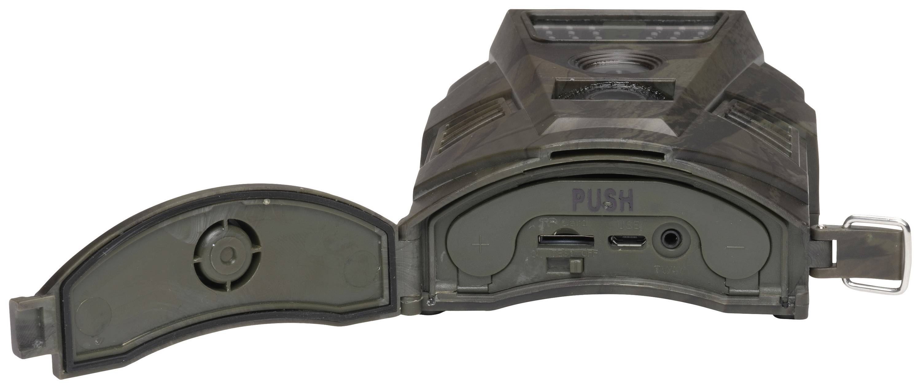 Otwarta, ciemna kamera do obserwacji dzikich zwierząt z przegródkami na baterie i kartę pamięci, używana głównie do monitorowania zwierząt w ich naturalnym środowisku.