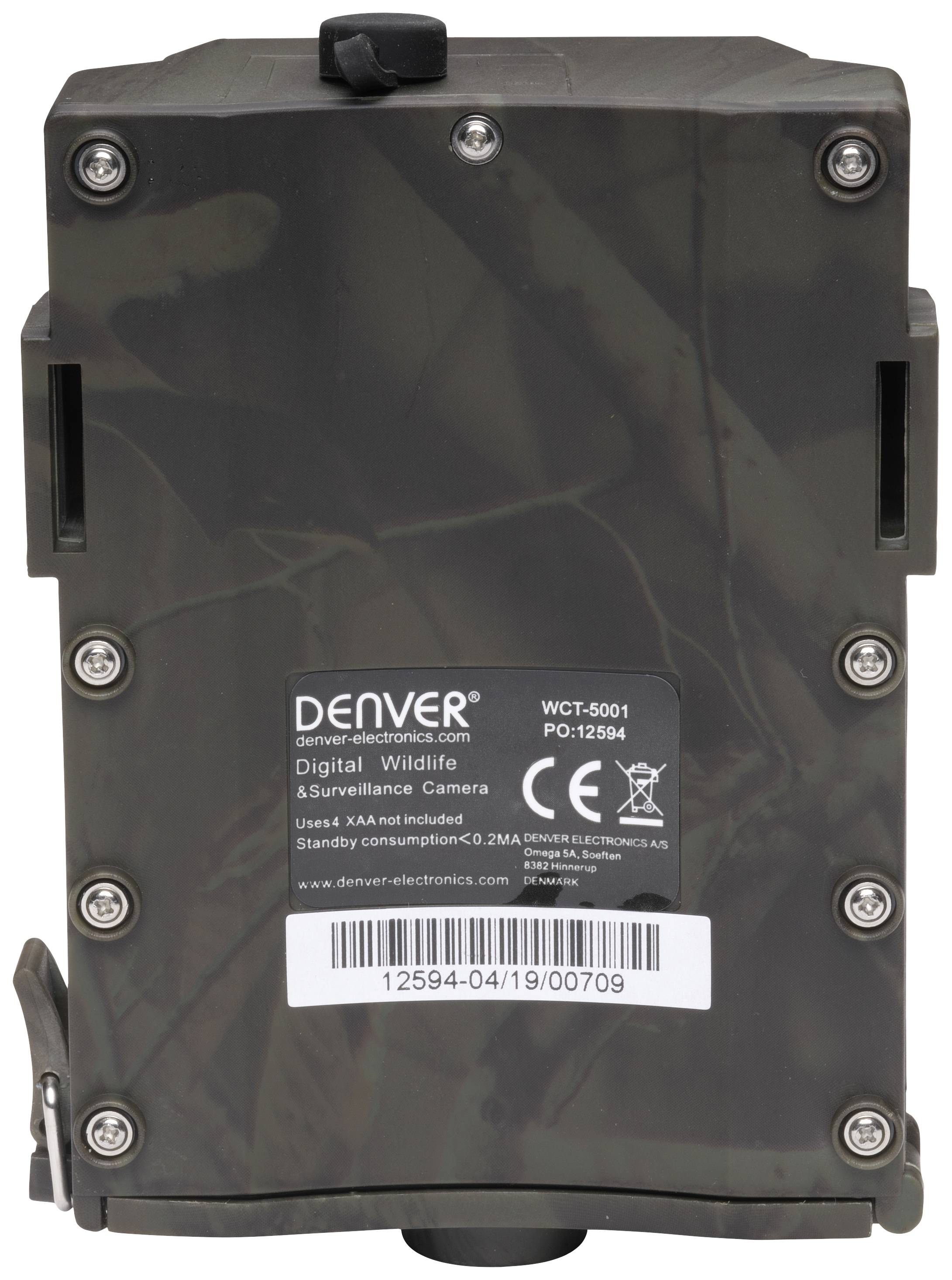 Kamera do monitoringu dzikiej przyrody w kamuflażowym wzorze, z widoczną nazwą marki 'DENVER', zawierająca numery modelu i oznaczenie CE.