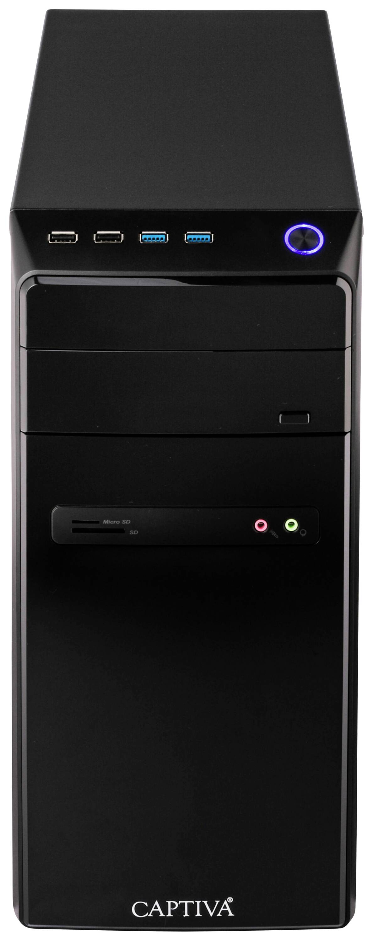 Czarny komputer stacjonarny z wieloma złączami USB z przodu, z możliwością włączania i wyłączania. Marka 'CAPTIVA' widoczna na dolnej krawędzi.