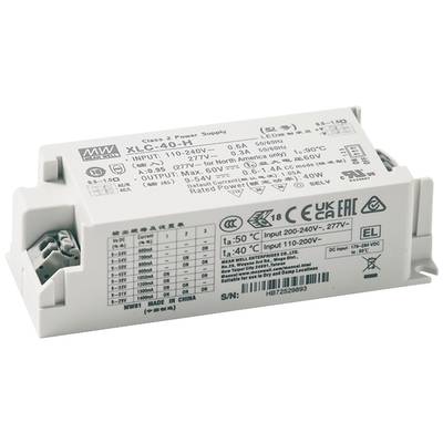Zasilacz Mean Well XLC-40-H: Wejście 110-240V, wyjście 24V. Wymiary i specyfikacje wydrukowane. Certyfikacje CE i UKCA.