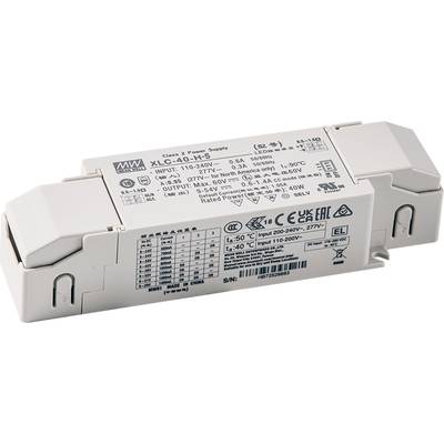 Zasilacz XLC-40-H-5 firmy Mean Well o napięciu wejściowym 110-240V i wyjściowym 5V, 40W. Etykieta przedstawia specyfikacje techniczne.
