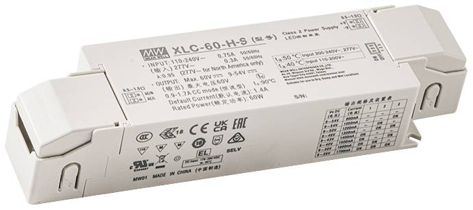 Prostokątne urządzenie elektroniczne z napisem 'XLC-60-H-S' na górnej powierzchni. Wyświetla specyfikacje wejściowe i wyjściowe.