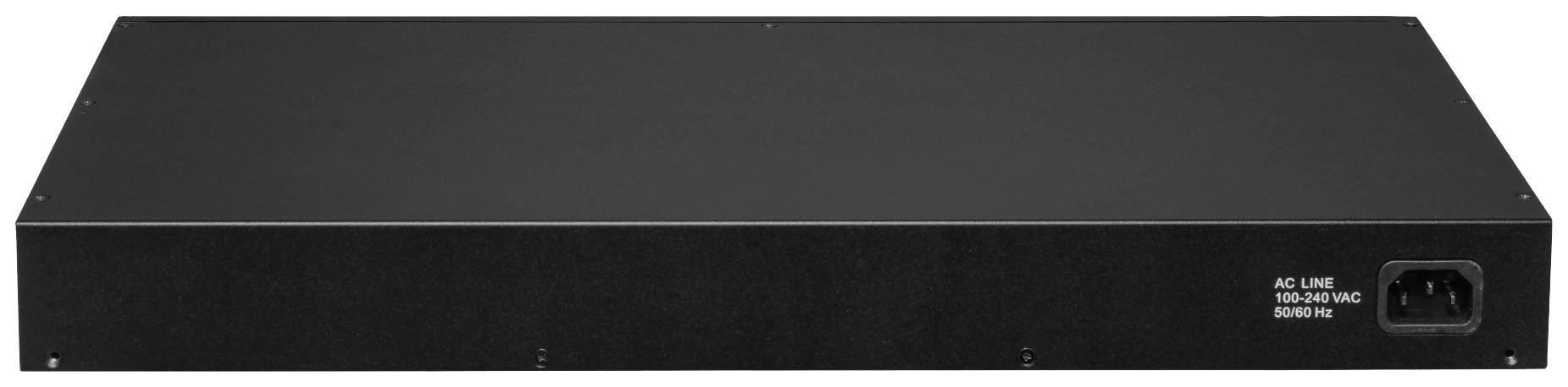 Czarny, prostokątny switch sieciowy z wejściem zasilania AC po prawej stronie.