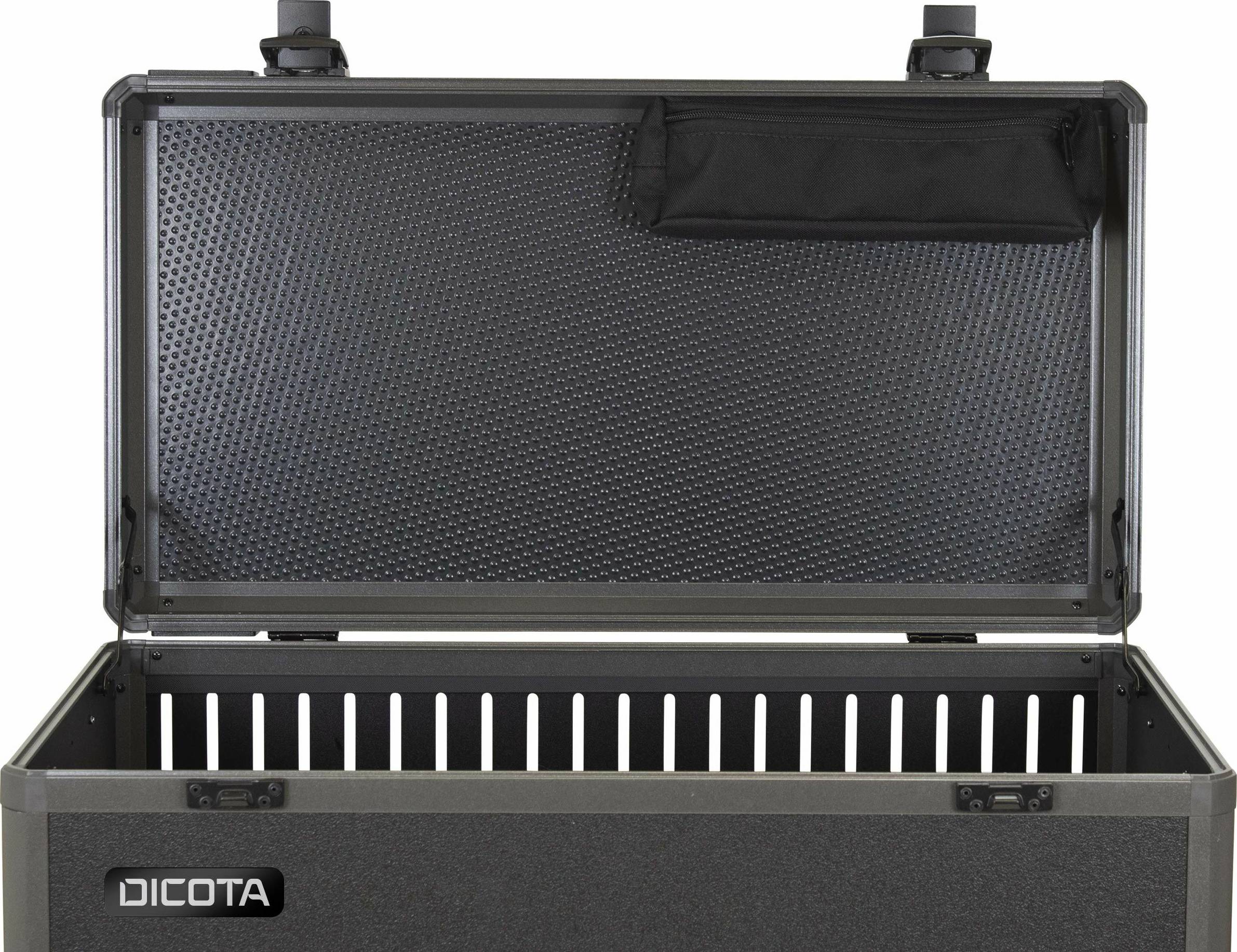 Otwarta czarna skrzynia transportowa z wyściełaną pokrywą. Nazwa marki 'Dicota' na przedniej stronie. Idealna do bezpiecznego przewożenia urządzeń elektronicznych.